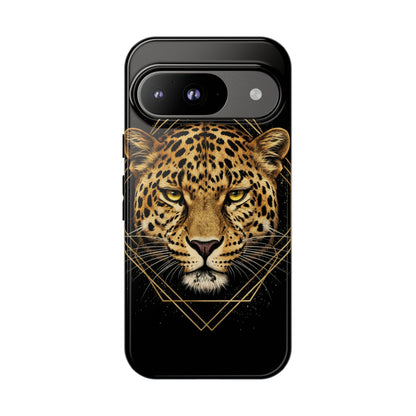 Leopard Head Geometric Phone Case – Black & Gold Luxe Tough Case