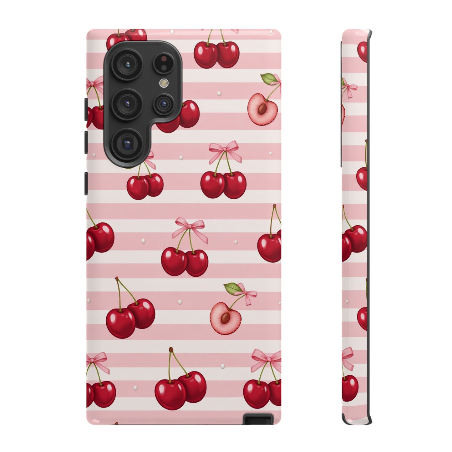 Coquette Cherry Bow Phone Case | Cute Pink Aesthetic Cherry Pattern Tough Case for iPhone & Samsung