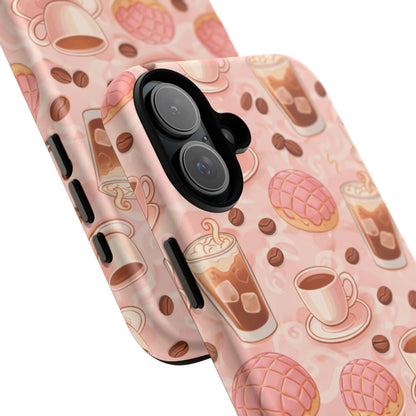 Cute Coffee & Pink Concha Phone Case – Coffee Lover Aesthetic Latte Pattern Tough Case