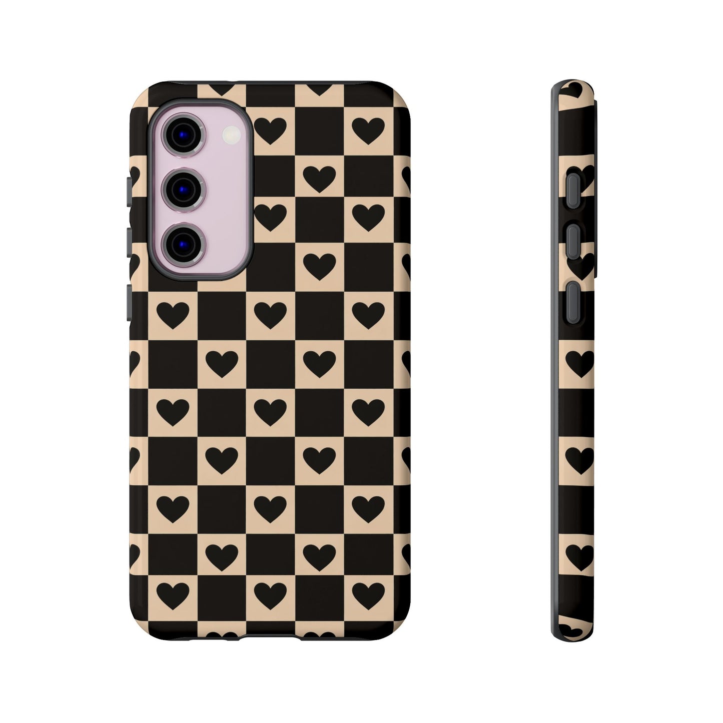 Checkerboard Heart Phone Case – Black & Beige Cute Aesthetic Protective Cover for Iphone, Samsung Galaxy and Pixel