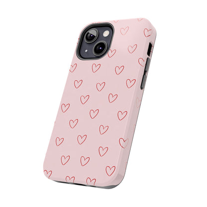 Pink Doodle Hearts Phone Case | Minimal Cute Heart Pattern Tough Case