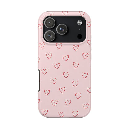 Pink Doodle Hearts Phone Case | Minimal Cute Heart Pattern Tough Case