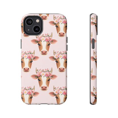 Floral Cow Phone Case – Cute Pink Cow Print Tough Protective Case for Iphone, Samsung Galaxy and Pixel