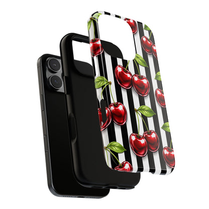 Cherry Pattern Phone Case Black White Stripe Retro Aesthetic Tough Cover