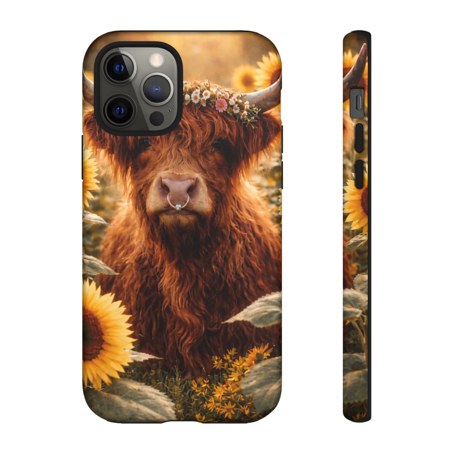 Highland Cow Sunflower Phone Case | Floral Farmhouse iPhone, Samsung Galaxy and Pixel Cover
