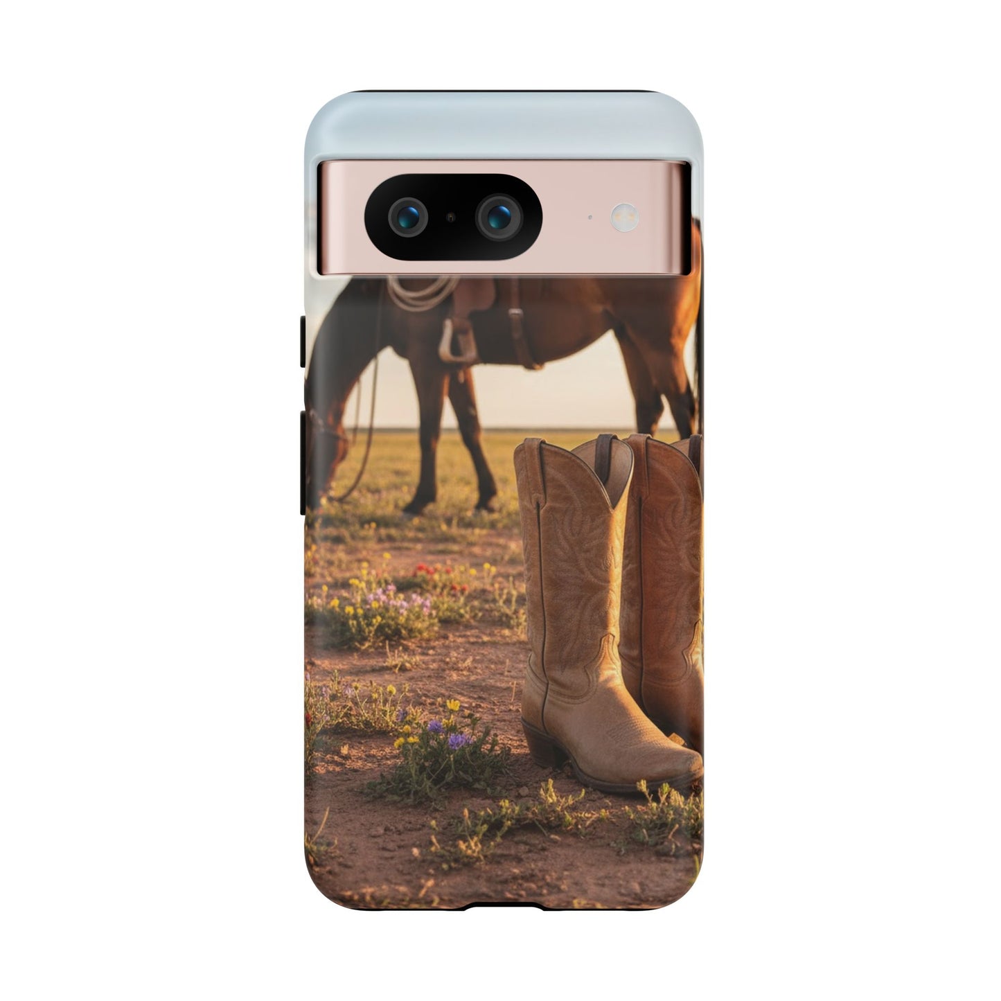 Western Cowboy Boots Phone Case – Rustic Horse Sunset Tough Case (iPhone, Samsung, Pixel)