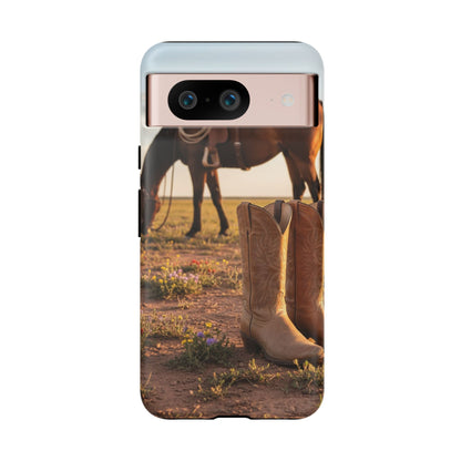 Western Cowboy Boots Phone Case – Rustic Horse Sunset Tough Case (iPhone, Samsung, Pixel)