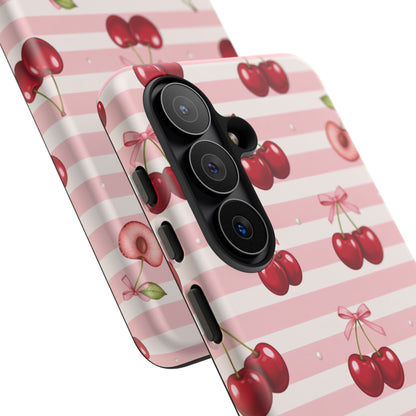 Coquette Cherry Bow Phone Case | Cute Pink Aesthetic Cherry Pattern Tough Case for iPhone & Samsung