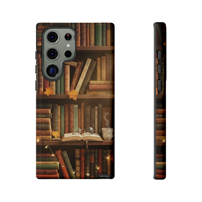 Cozy Vintage Bookshelf Phone Case, Library Aesthetic Book Stack, Autumn Coffee Vibes (iPhone, Samsung, Pixel)