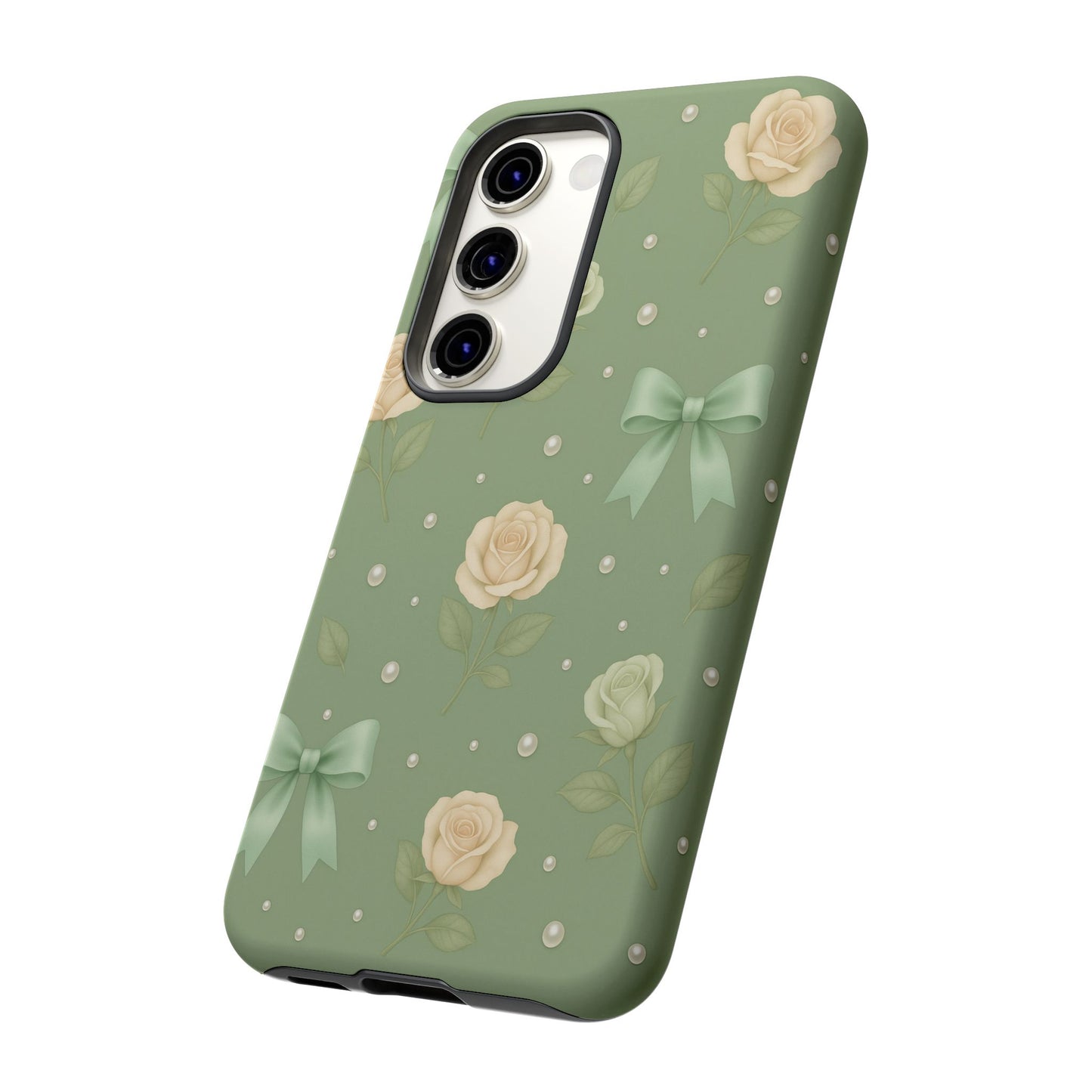 Vintage Rose Bow Phone Case – Sage Green Floral Coquette Aesthetic Tough Case (iPhone, Samsung, Pixel)