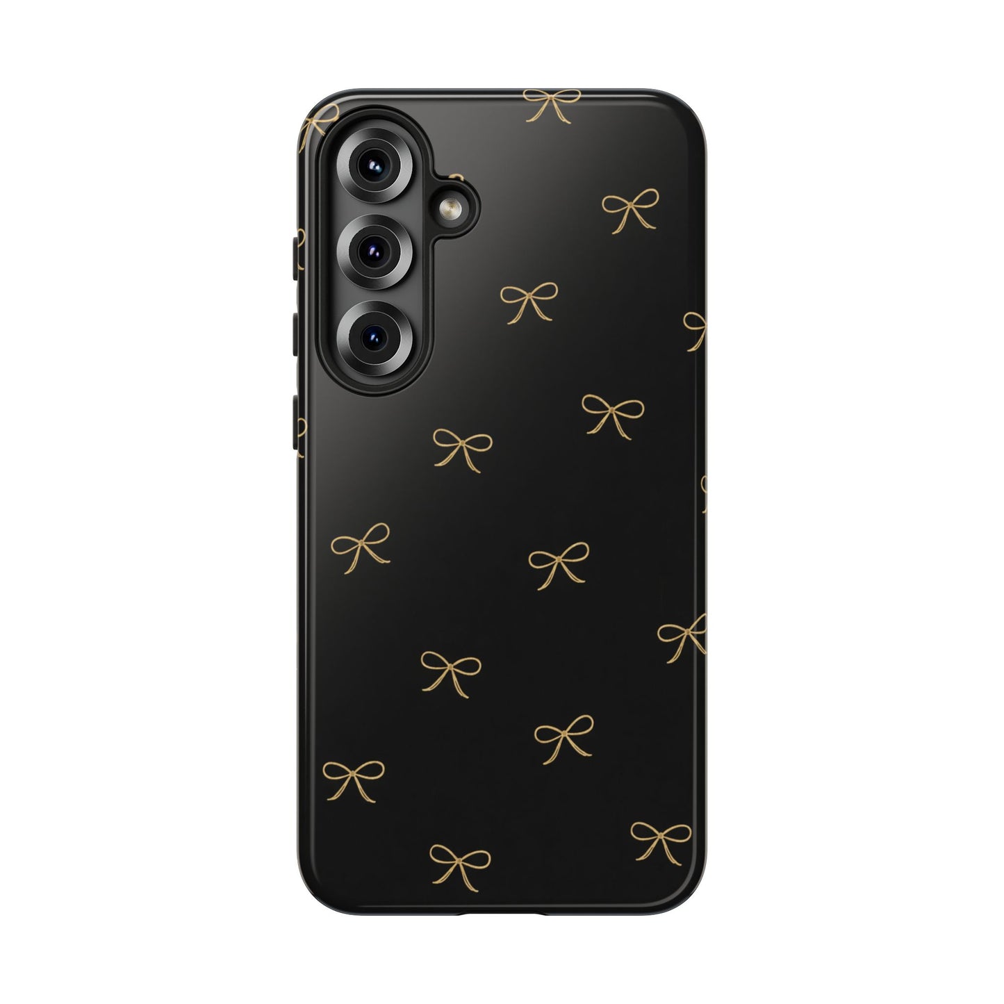 Black Phone Case with Gold Bow Pattern – Slim Protective Cute Aesthetic Cover for Iphone, Samsung Galaxy and Pixel
