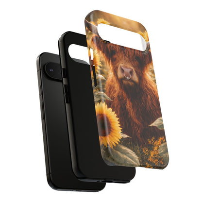 Highland Cow Sunflower Phone Case | Floral Farmhouse iPhone, Samsung Galaxy and Pixel Cover