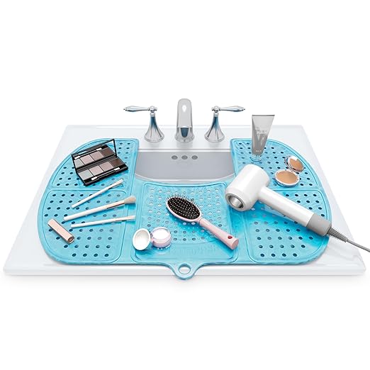 Foldable Sink Cover | Silicone Beauty Makeup Brush Cleaning Mat | Hot Tools Organizer | Bathroom Cover for Counter Space & Storage Saver | Traveling Must Haves | Standard, Pacific Blue