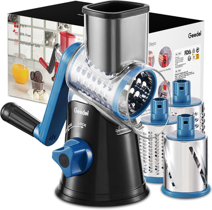Rotary Cheese Grater, Kitchen Mandoline Vegetable Slicer with 3 Interchangeable Blades, Easy to Clean Rotary Grater Slicer for Fruit, Vegetables, Nuts
