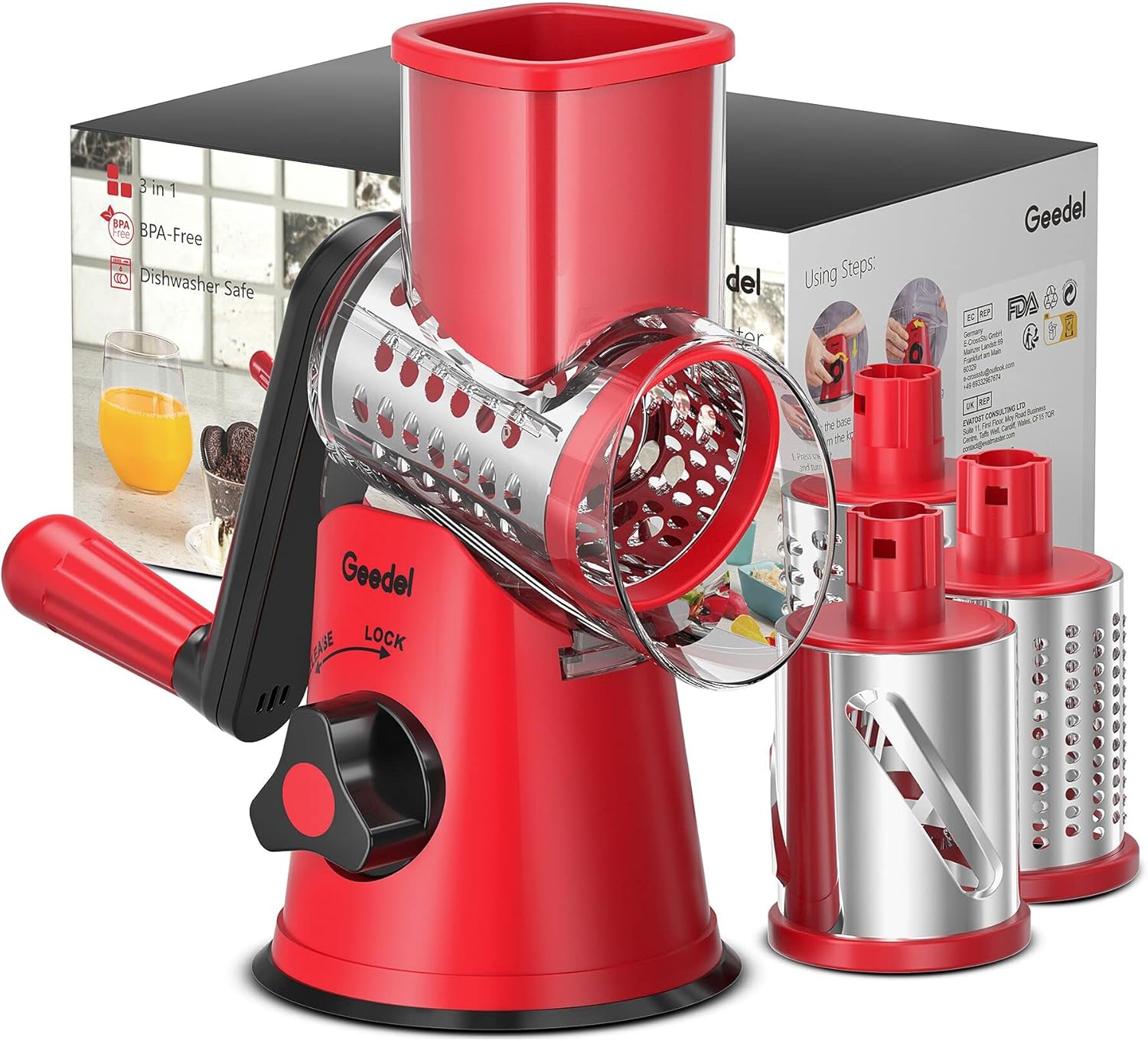 Rotary Cheese Grater, Kitchen Mandoline Vegetable Slicer with 3 Interchangeable Blades, Easy to Clean Rotary Grater Slicer for Fruit, Vegetables, Nuts