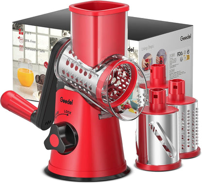 Rotary Cheese Grater, Kitchen Mandoline Vegetable Slicer with 3 Interchangeable Blades, Easy to Clean Rotary Grater Slicer for Fruit, Vegetables, Nuts