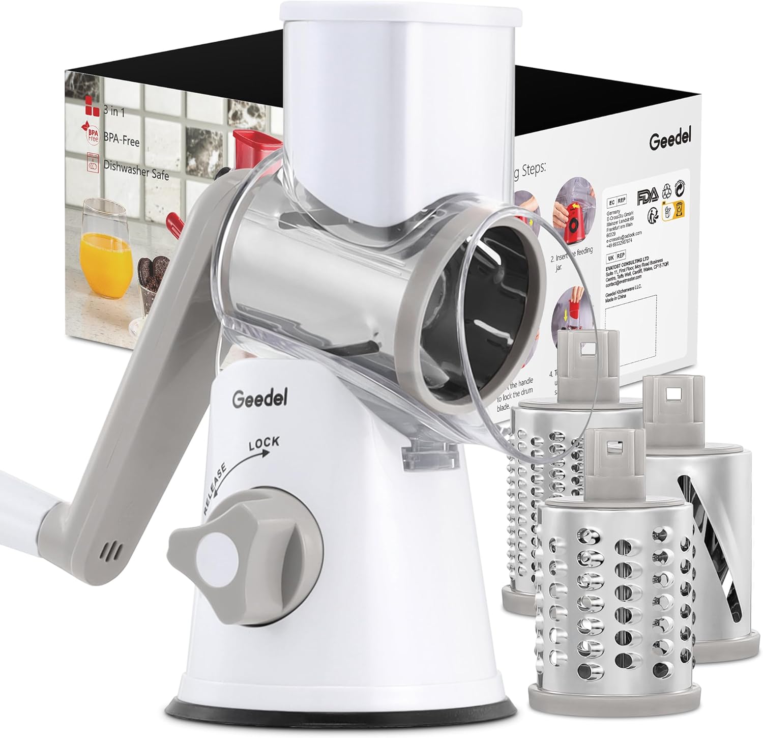 Rotary Cheese Grater, Kitchen Mandoline Vegetable Slicer with 3 Interchangeable Blades, Easy to Clean Rotary Grater Slicer for Fruit, Vegetables, Nuts
