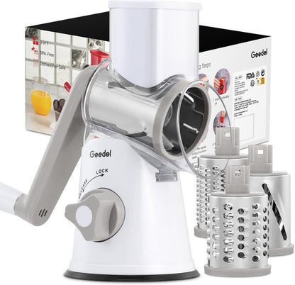 Rotary Cheese Grater, Kitchen Mandoline Vegetable Slicer with 3 Interchangeable Blades, Easy to Clean Rotary Grater Slicer for Fruit, Vegetables, Nuts