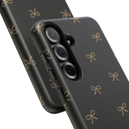 Black Phone Case with Gold Bow Pattern – Slim Protective Cute Aesthetic Cover for Iphone, Samsung Galaxy and Pixel
