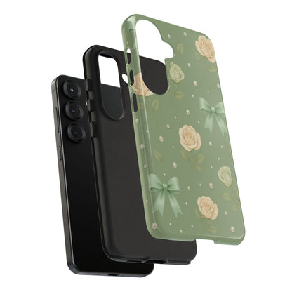 Vintage Rose Bow Phone Case – Sage Green Floral Coquette Aesthetic Tough Case (iPhone, Samsung, Pixel)