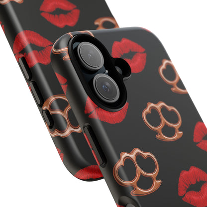 Red Lipstick & Knuckle Duster Phone Case | Bold Kiss Print Tough Protective Cover for Iphone, Samsung Galaxy and Pixel
