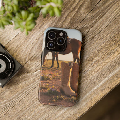 Western Cowboy Boots Phone Case – Rustic Horse Sunset Tough Case (iPhone, Samsung, Pixel)