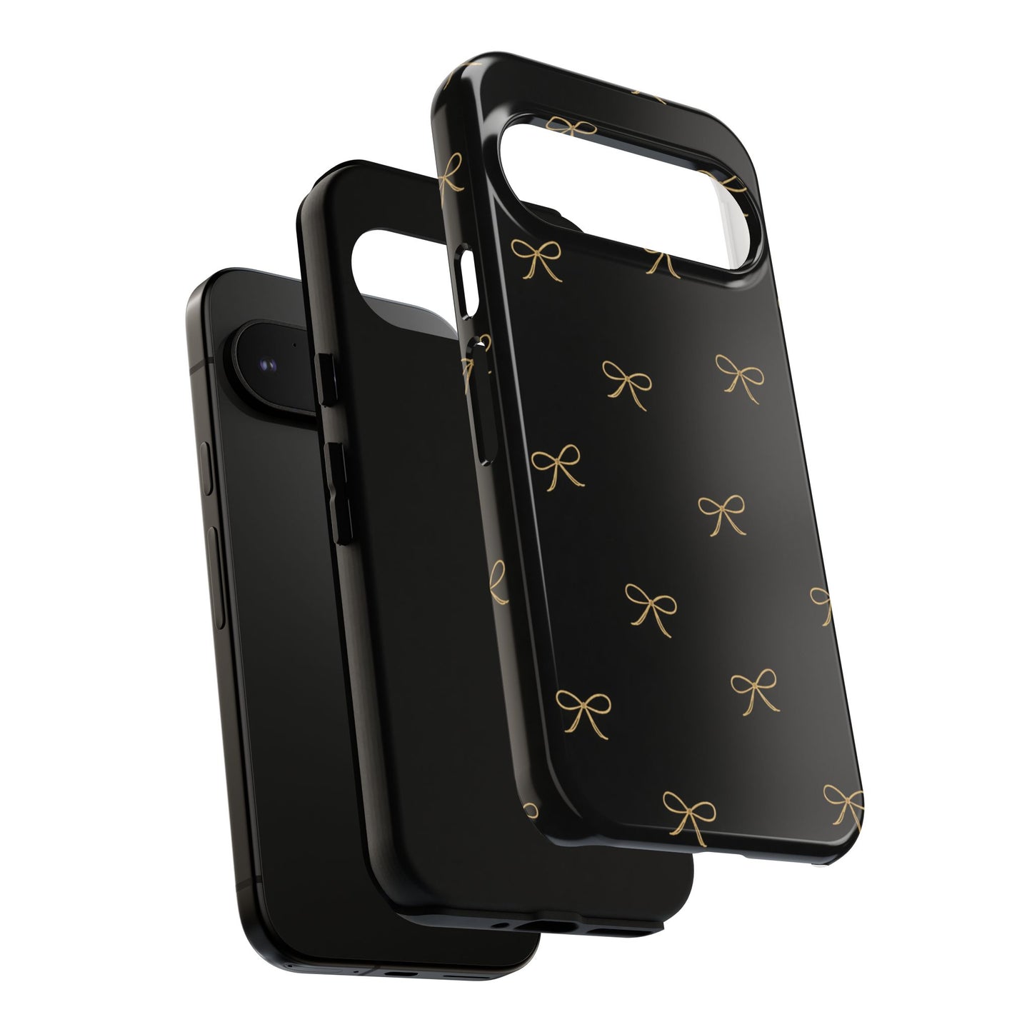 Black Phone Case with Gold Bow Pattern – Slim Protective Cute Aesthetic Cover for Iphone, Samsung Galaxy and Pixel
