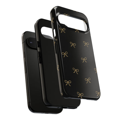 Black Phone Case with Gold Bow Pattern – Slim Protective Cute Aesthetic Cover for Iphone, Samsung Galaxy and Pixel