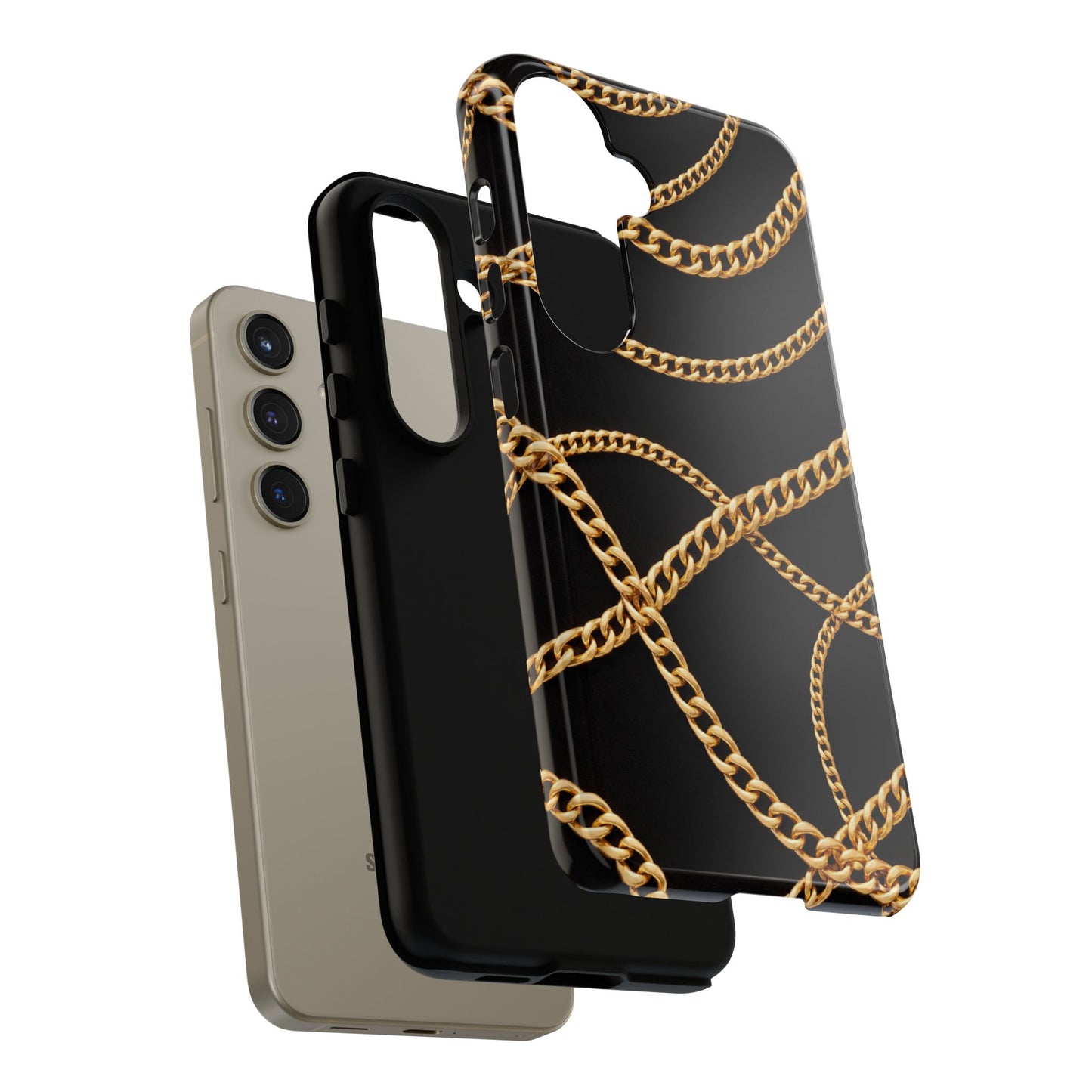 Luxury Gold Chain Phone Case – Black Designer Style Tough Protective Cover for Iphone, Samsung Galaxy and Pixel
