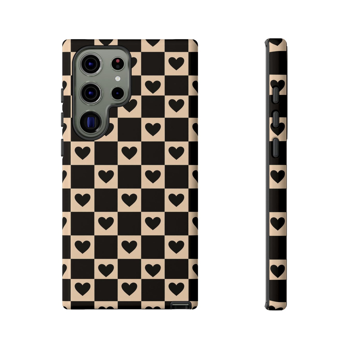 Checkerboard Heart Phone Case – Black & Beige Cute Aesthetic Protective Cover for Iphone, Samsung Galaxy and Pixel
