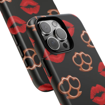 Red Lipstick & Knuckle Duster Phone Case | Bold Kiss Print Tough Protective Cover for Iphone, Samsung Galaxy and Pixel