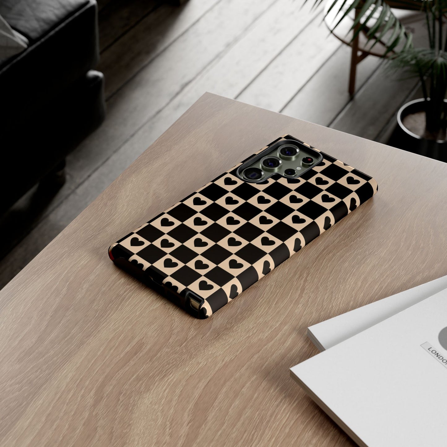 Checkerboard Heart Phone Case – Black & Beige Cute Aesthetic Protective Cover for Iphone, Samsung Galaxy and Pixel