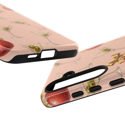 Cocktail Ornament Phone Case – Pink Martini & Cherry Pattern | Glossy or Matte for Iphone, Samsung Galaxy and Pixel