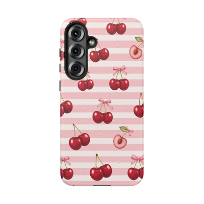 Coquette Cherry Bow Phone Case | Cute Pink Aesthetic Cherry Pattern Tough Case for iPhone & Samsung