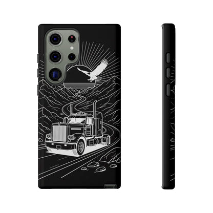 Trucker Highway Phone Case | Eagle & Mountain Line Art | Black Western Tough Case