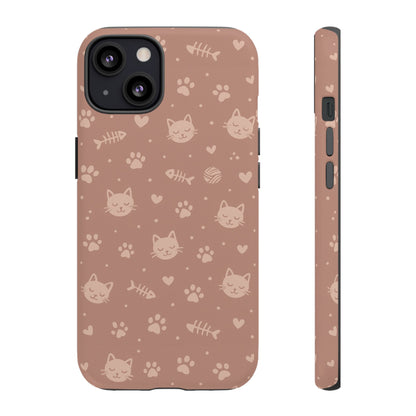 Cute Cat Pattern Phone Case | Paw Prints, Fishbone & Yarn Design Tough Case