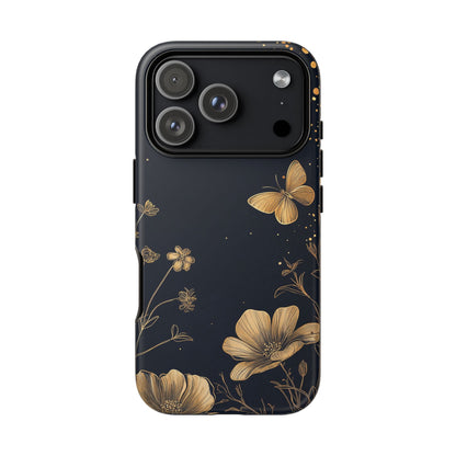 Gold Floral Butterfly Phone Case, Dark Aesthetic Botanical, Elegant Black Luxury iPhone Samsung Cover