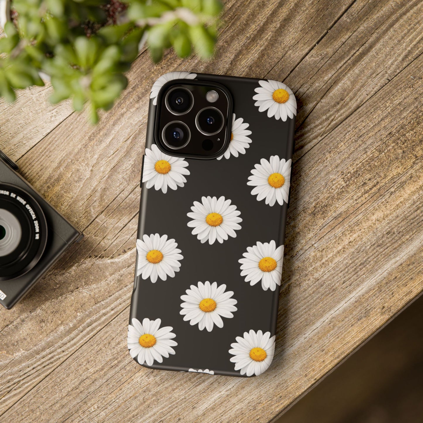 Black Daisy Floral Tough Phone Case – Cute Protective Cover for Iphone, Samsung Galaxy and Pixel