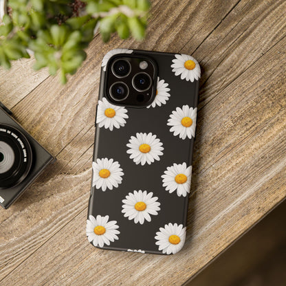 Black Daisy Floral Tough Phone Case – Cute Protective Cover for Iphone, Samsung Galaxy and Pixel