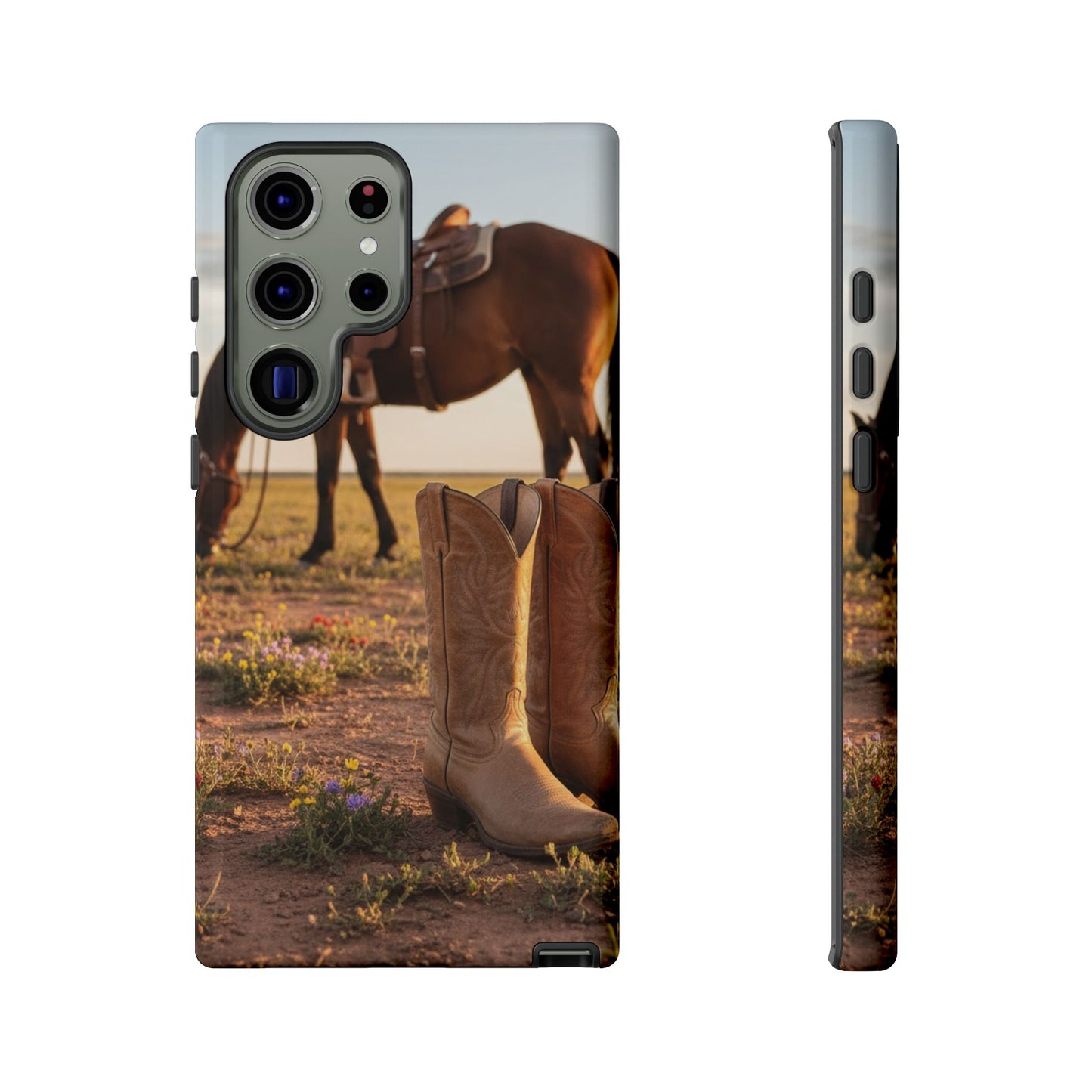 Western Cowboy Boots Phone Case – Rustic Horse Sunset Tough Case (iPhone, Samsung, Pixel)