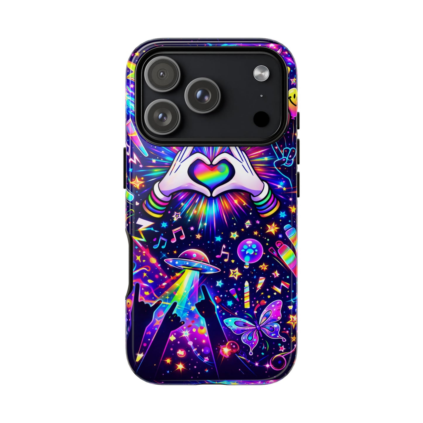 Rainbow Heart Hands Phone Case – Neon Galaxy EDM Festival Tough Cover