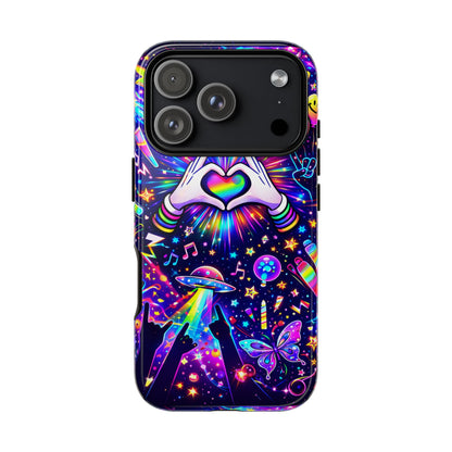 Rainbow Heart Hands Phone Case – Neon Galaxy EDM Festival Tough Cover