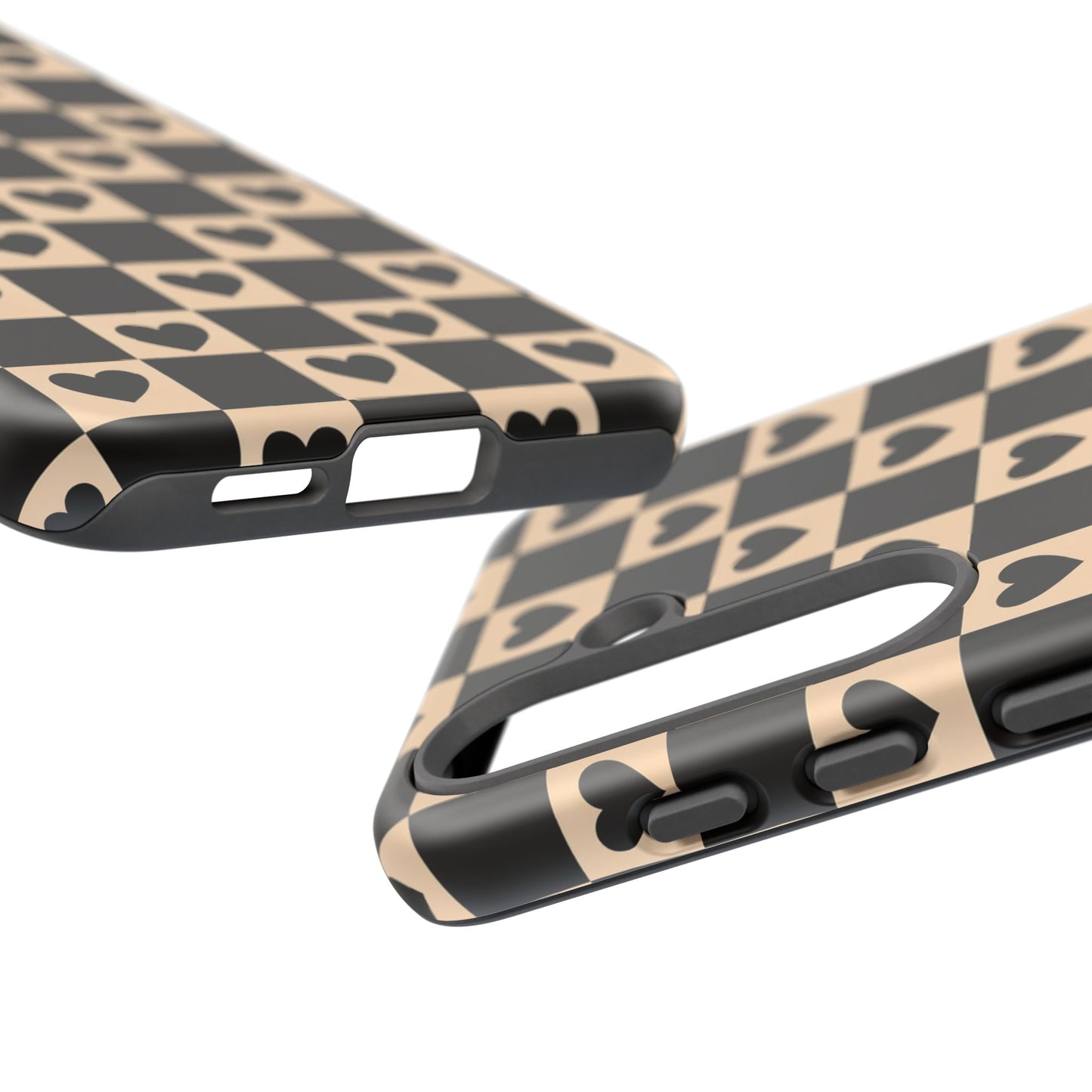 Checkerboard Heart Phone Case – Black & Beige Cute Aesthetic Protective Cover for Iphone, Samsung Galaxy and Pixel