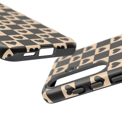 Checkerboard Heart Phone Case – Black & Beige Cute Aesthetic Protective Cover for Iphone, Samsung Galaxy and Pixel