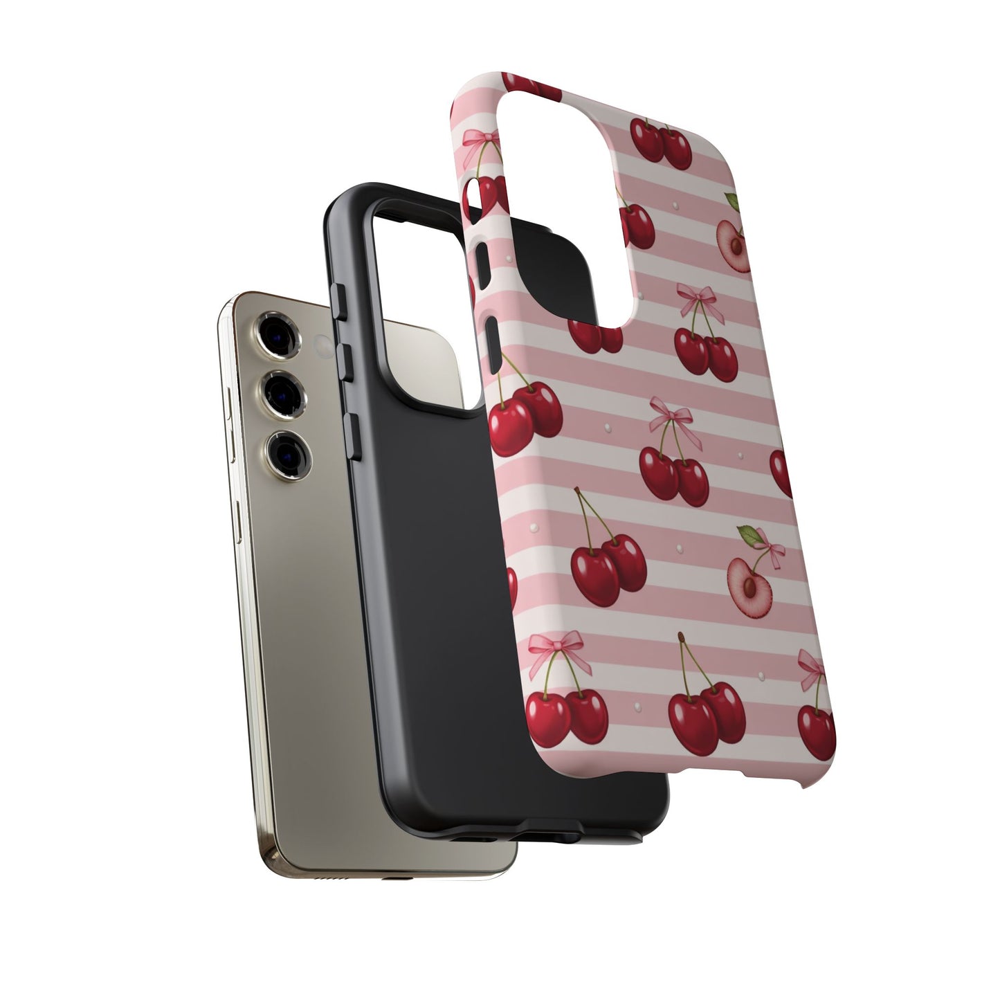 Coquette Cherry Bow Phone Case | Cute Pink Aesthetic Cherry Pattern Tough Case for iPhone & Samsung