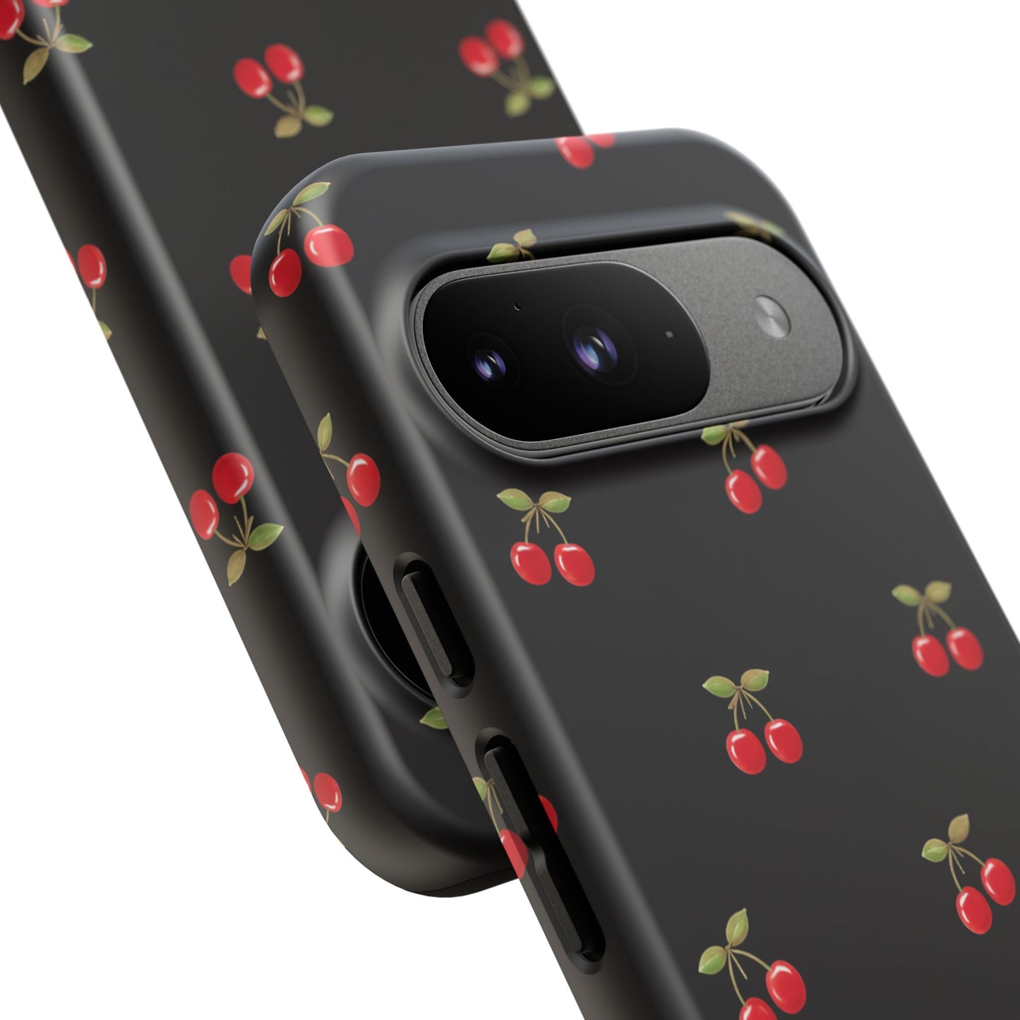 Cherry Pattern Phone Case — Slim Black Protective iPhone Case with Red Cherries for Iphone, Samsung Galaxy and Pixel