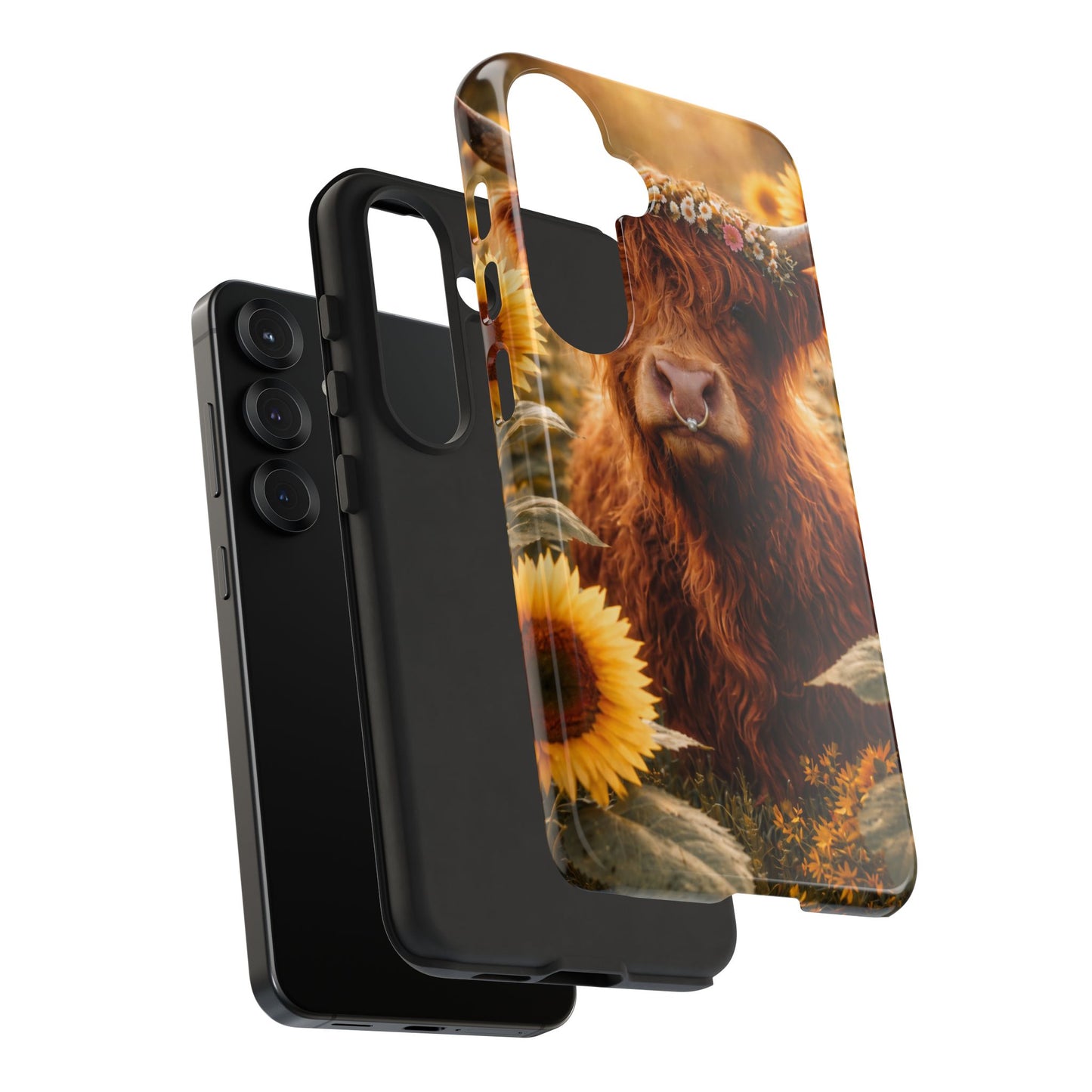Highland Cow Sunflower Phone Case | Floral Farmhouse iPhone, Samsung Galaxy and Pixel Cover