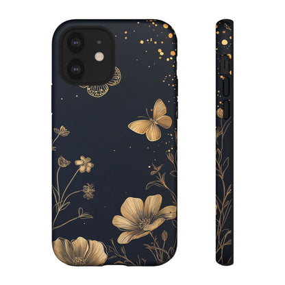 Gold Floral Butterfly Phone Case, Dark Aesthetic Botanical, Elegant Black Luxury iPhone Samsung Cover
