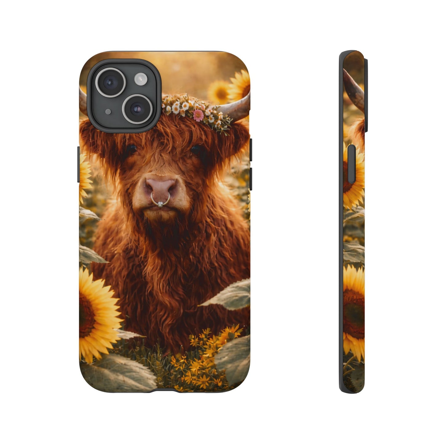 Highland Cow Sunflower Phone Case | Floral Farmhouse iPhone, Samsung Galaxy and Pixel Cover