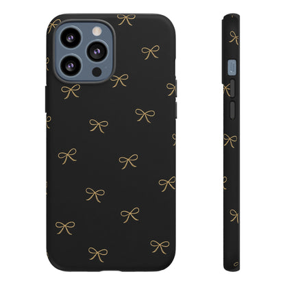Black Phone Case with Gold Bow Pattern – Slim Protective Cute Aesthetic Cover for Iphone, Samsung Galaxy and Pixel